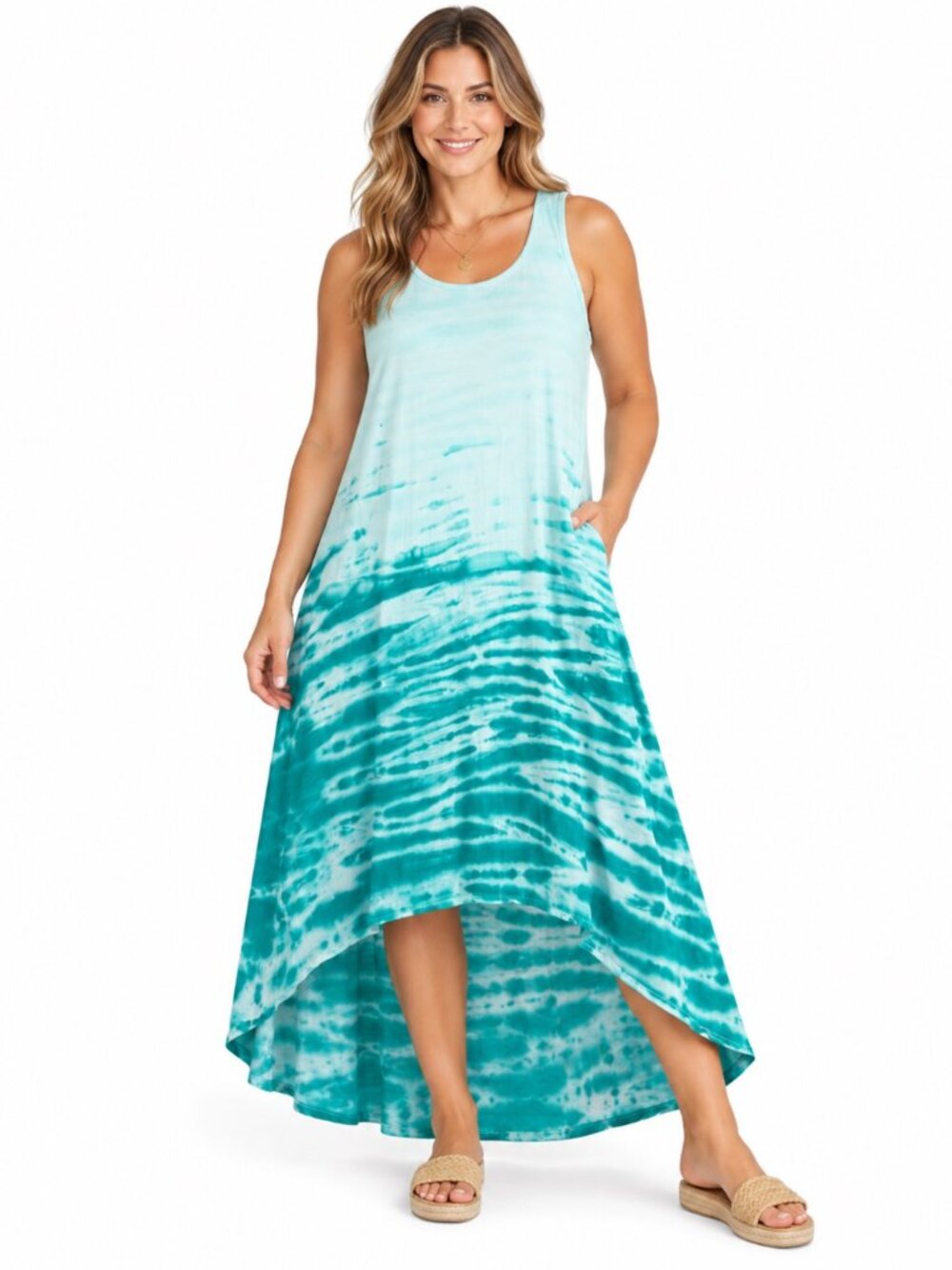 Marc NY Women's 2XL Blue Turquoise Tie Dye Sleeveless Hi Low Maxi Dress Summer